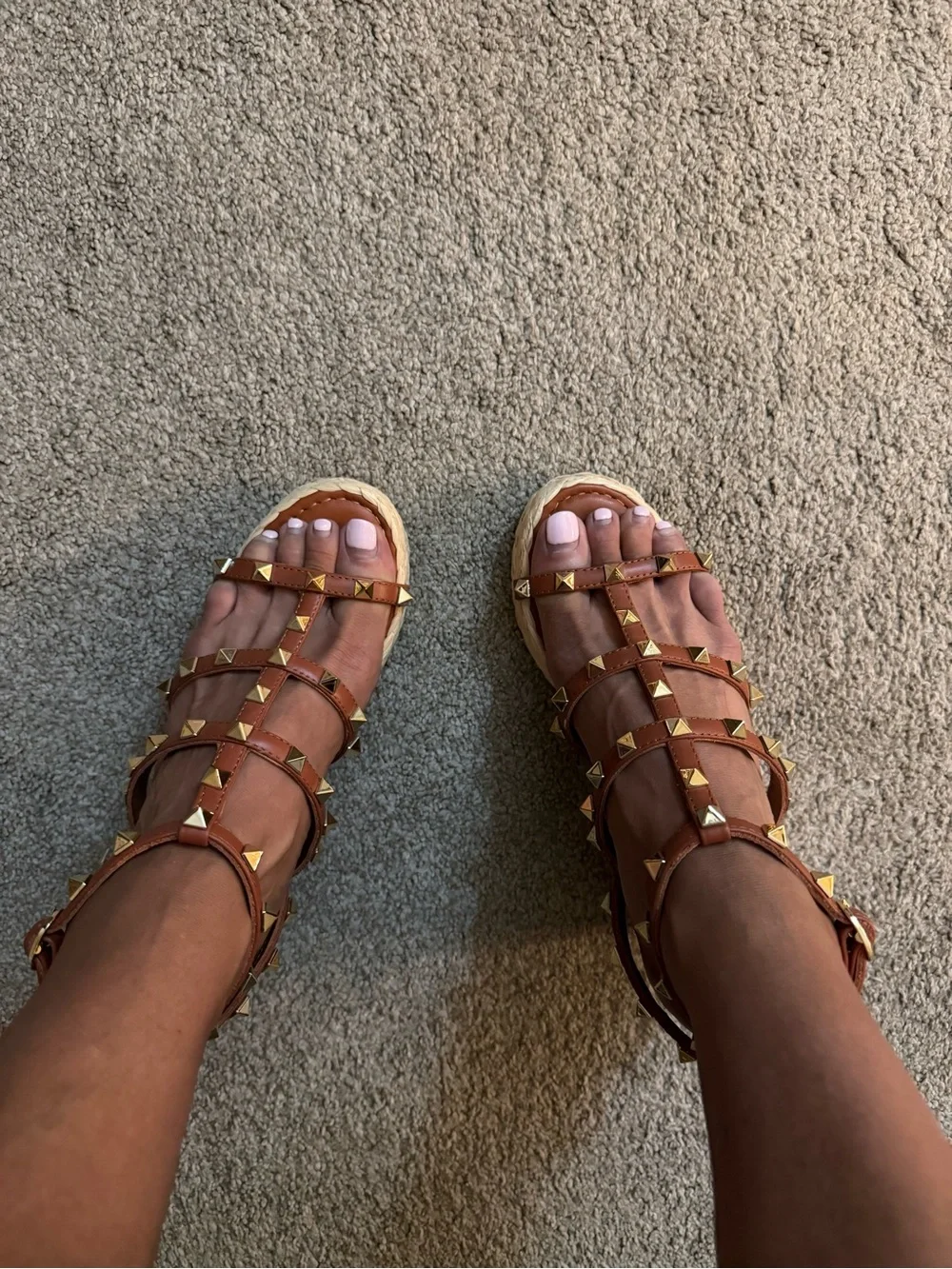 Valentino Tan Rockstud Espadrille Wedge Sandals